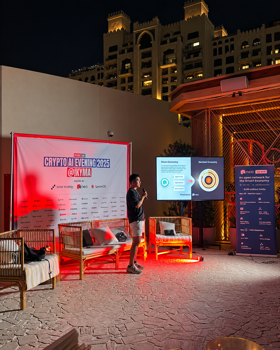 Crypto AI Evening At Kyma  during Token2049 Dubai with illuminated display screens and furniture in evening venue