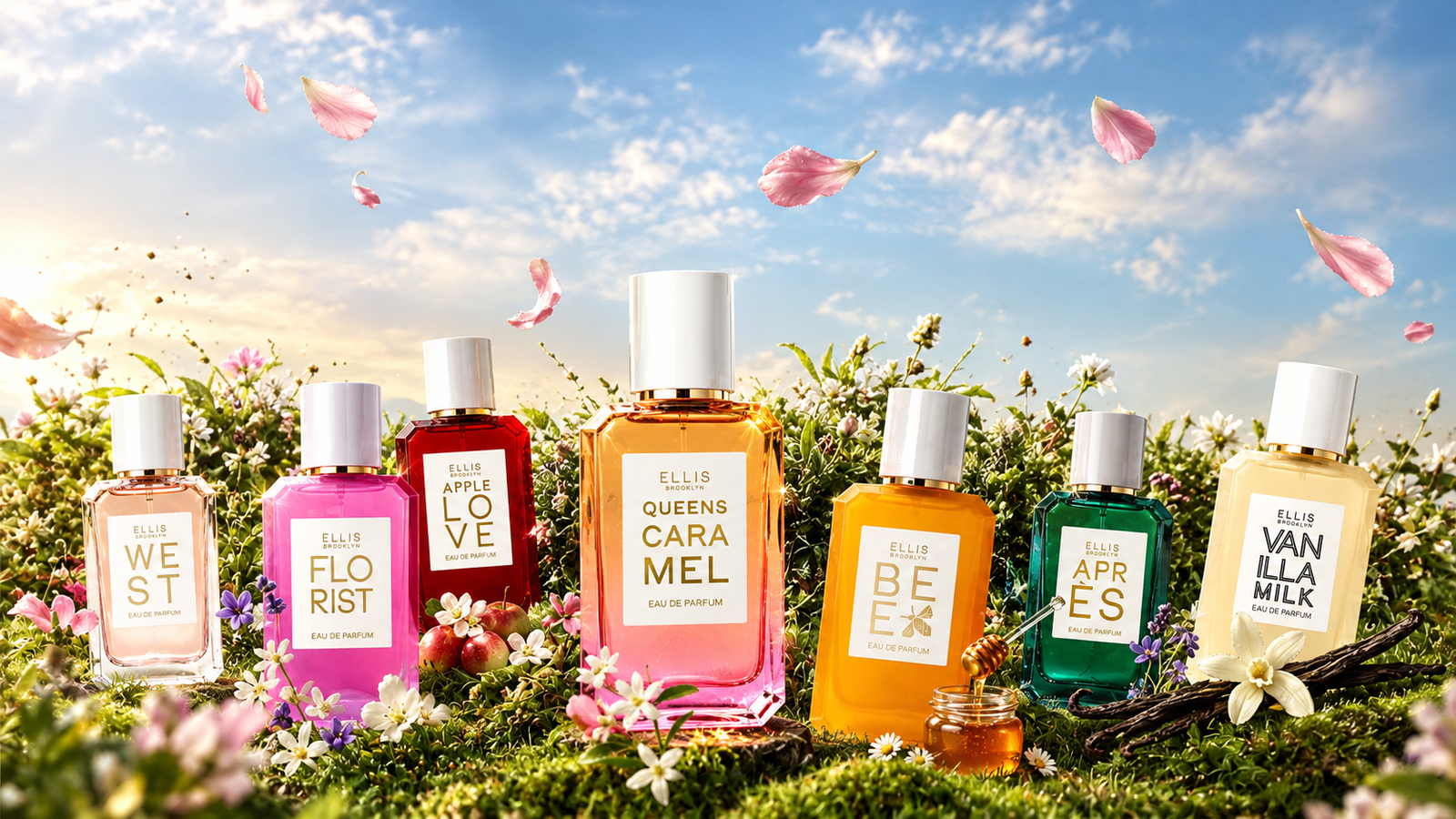 Ellis Brooklyn perfume collection featuring seven colorful fragrances arranged in a sunlit spring meadow with pink petals, fresh flowers, honey, apples, and vanilla.