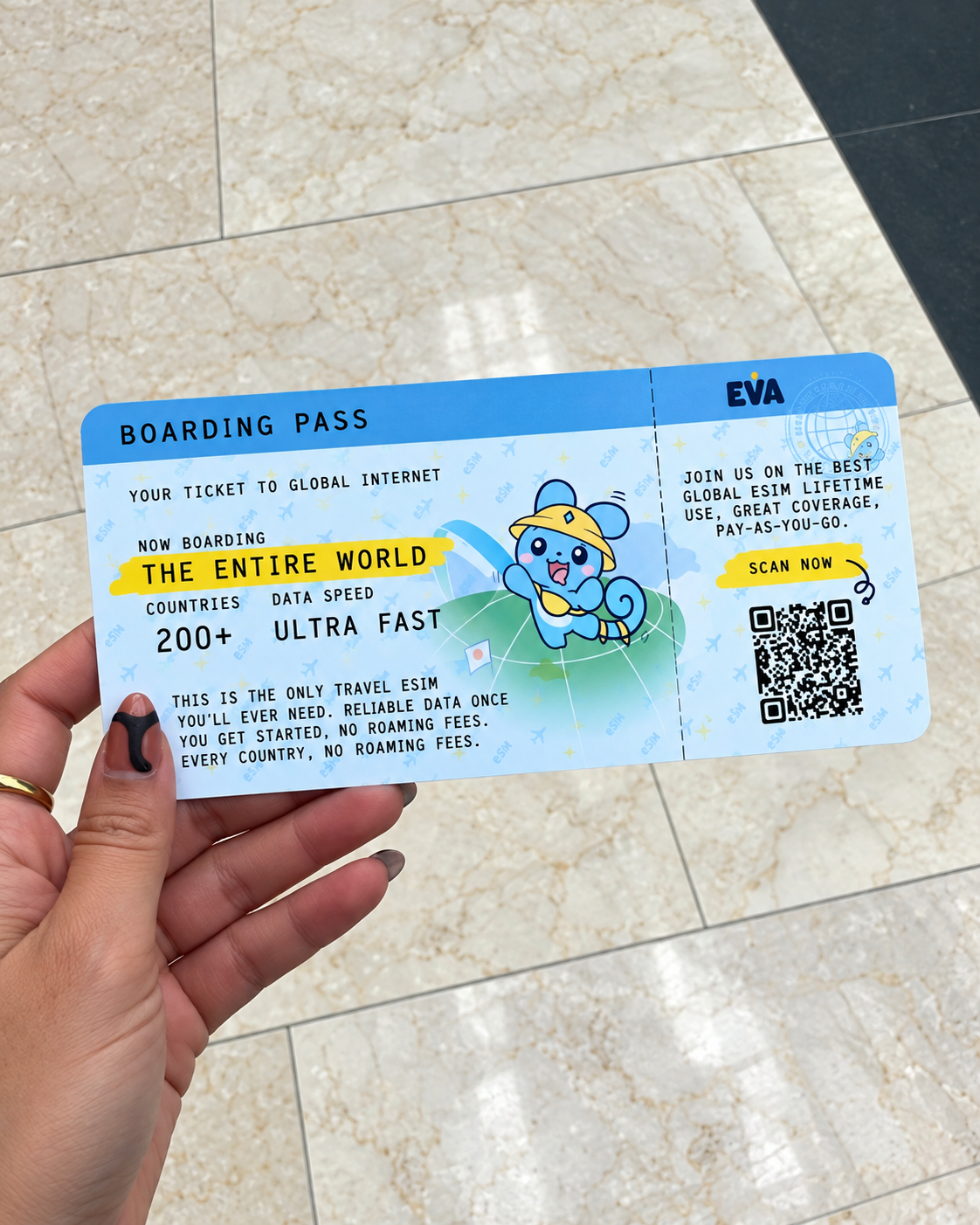Rosi Ross holds a blue and yellow EVA global internet boarding pass with a cartoon character, offering worldwide ultra-fast eSIM data.