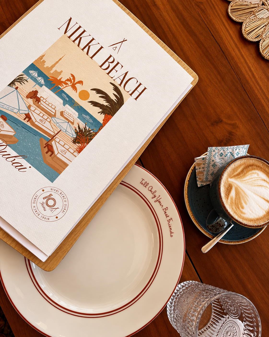 Nikki Beach Dubai Menu and Coffee at Nikki Beach Dubai Overhead view of a Nikki Beach Dubai menu featuring a coastal illustration, an empty plate, and a latte with foam art on a wooden table.