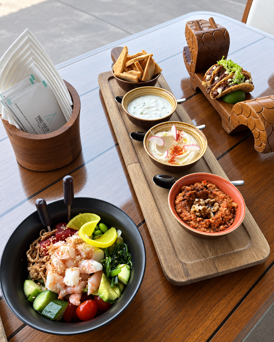 Varied Lunch Spread with Shrimp Bowl and Dips at Nikki Beach Dubai A vibrant lunch spread featuring a shrimp poke bowl, a dip platter with pita, hummus, tzatziki, and muhammara, plus mini tacos at Nikki Beach Dubai