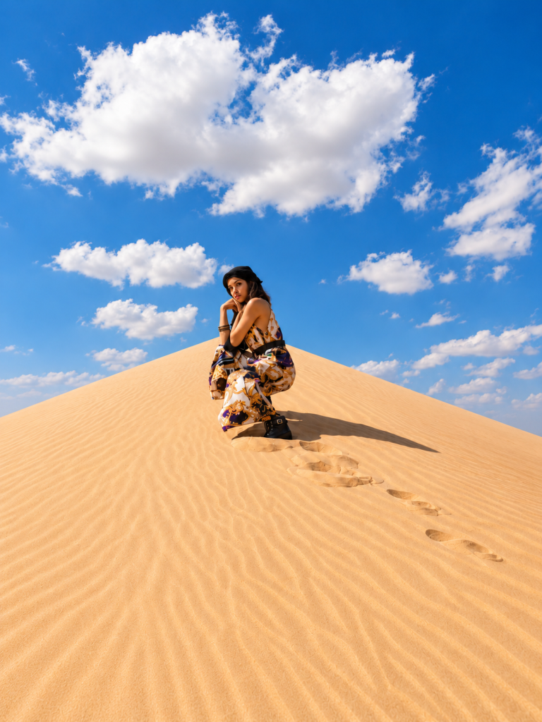 Rosi Ross posing on a golden sand dune at Al Marmoom Desert Dubai, wearing a colorful patterned outfit and black headscarf beneath a dramatic blue sky.