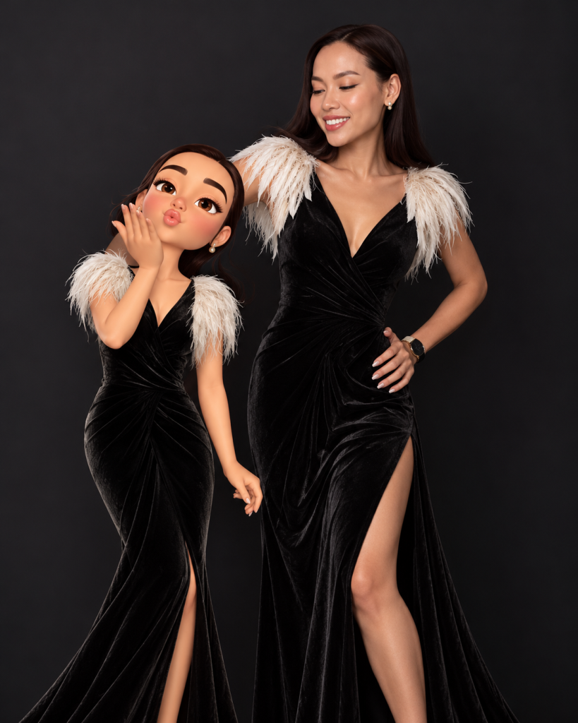 Rosi Ross posing alongside her 3D digital twin, both wearing black evening gowns with white feather details, illustrating virtual identity and digital fashion.