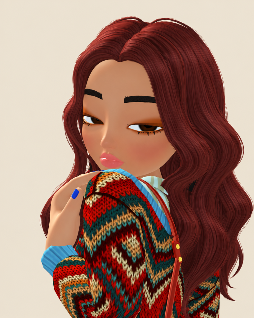 A close-up portrait of a stylized digital avatar associated with Rosi Ross, featuring long auburn waves, expressive facial features, and a multicolored knit sweater. The image illustrates the creative possibilities of Zepeto avatar customization and the growing importance of personalized digital identities in virtual worlds.
