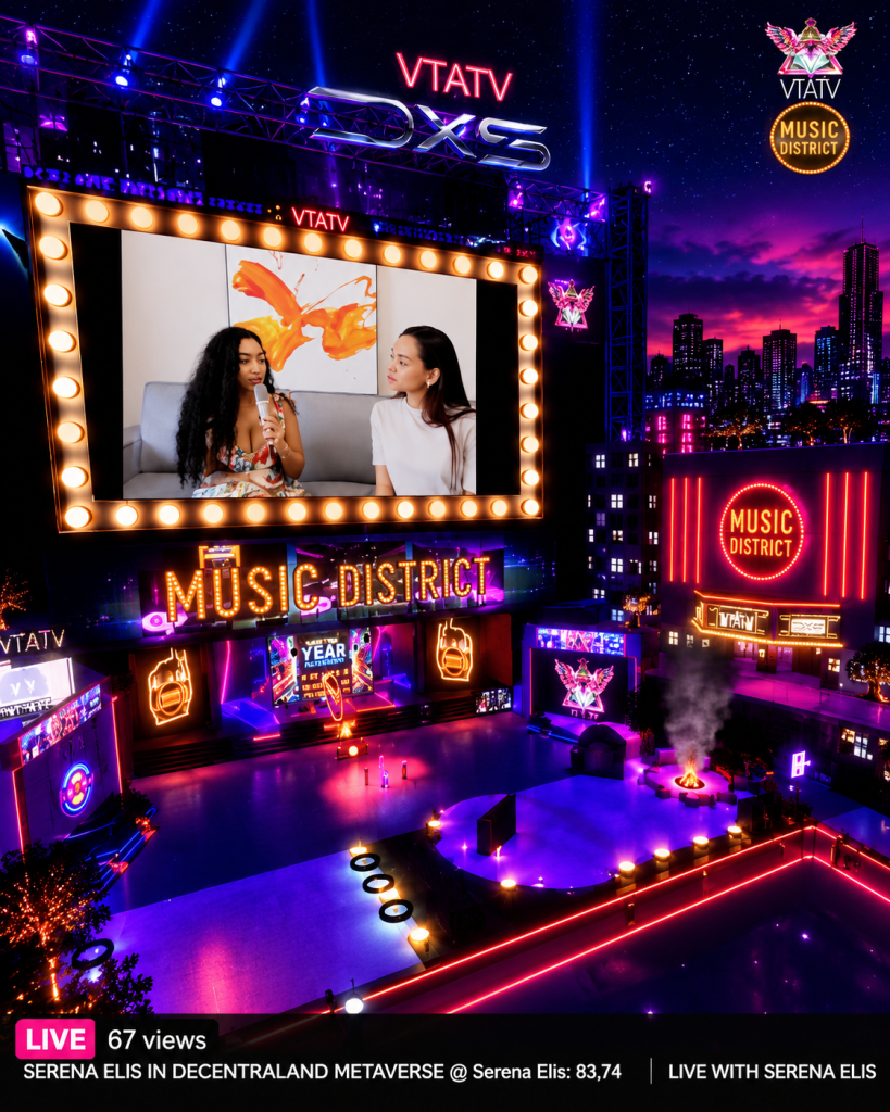 A virtual livestream stage featuring an interview between Rosi Ross and Serena Ellis, presented through a digital screen within a futuristic environment. The purple-lit architecture, VTATV branding, and integrated broadcast elements illustrate how metaverse platforms can extend traditional interviews into interactive, digitally mediated media experiences.